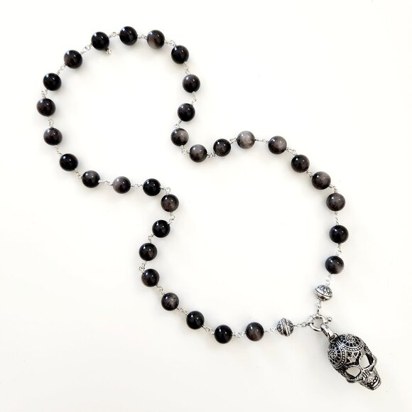 SILVER OBSIDIAN NECKLACE W/ 925 SILVER SKULL --24" Inches - Picture 3 of 5